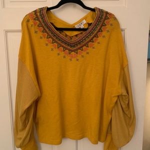 THML Yellow Sweater with Embroidered Neckline Size Large